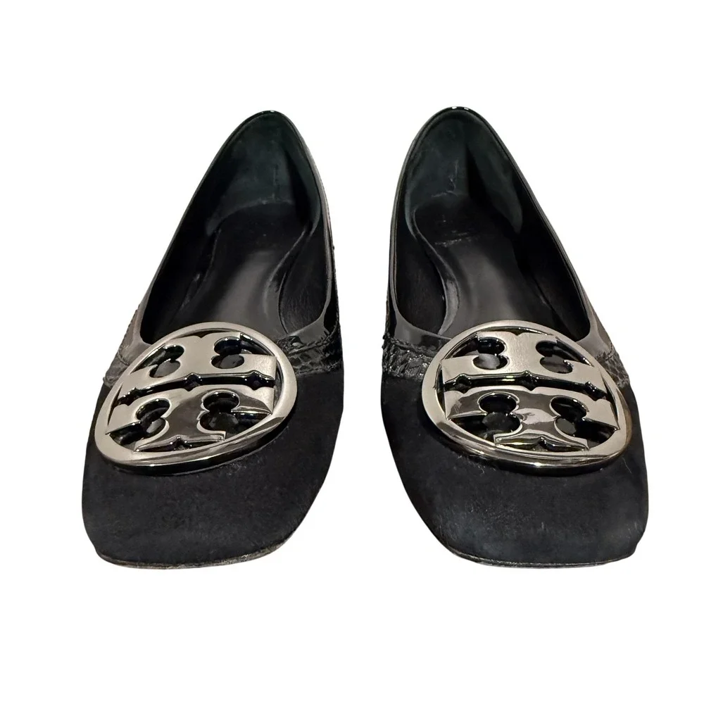 Tory Burch Logo Ballet Flat Shoes Black Suede Square Toe‎ Medallion Women's 7.5